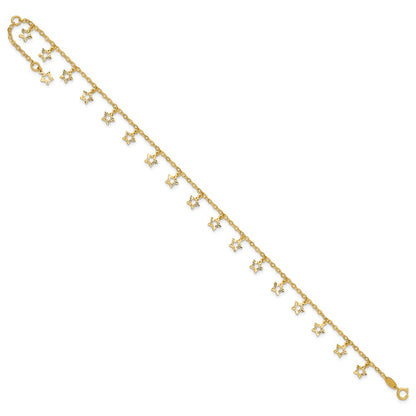14K Yellow Gold Polished and Textured Dangle Stars 9 Inch Plus 1 Inch Star Dangle Extender - Total 10 Inch Anklet