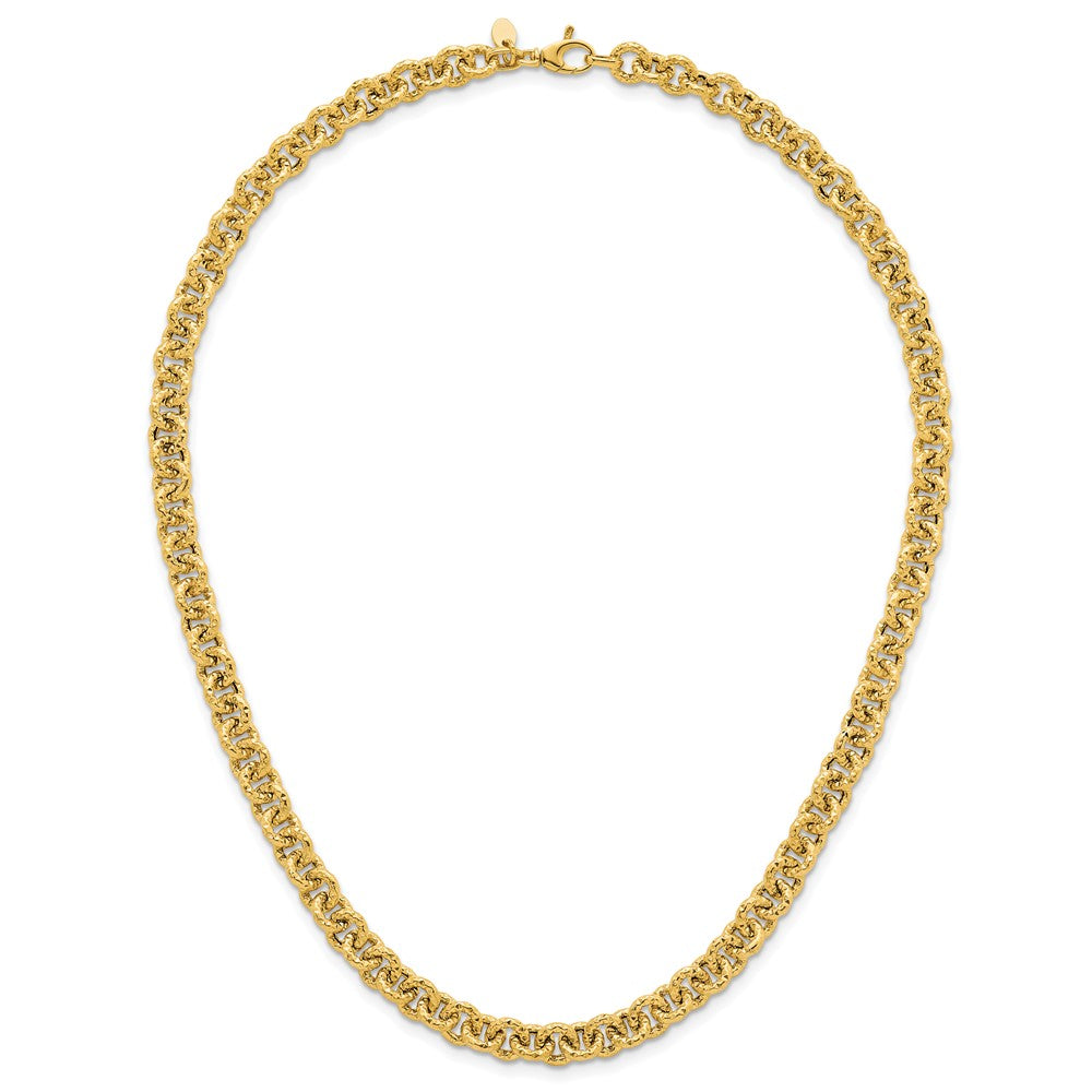 14K Yellow Gold Polished and Textured 7.3mm Cable Chain 18 Inch Necklace