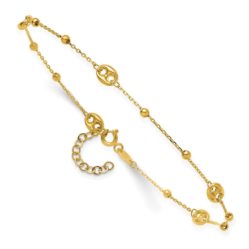 14K Yellow Gold Puffed Mariner Beaded 9 Inch Plus 1 Inch Extender - Total 10 Inch Anklet
