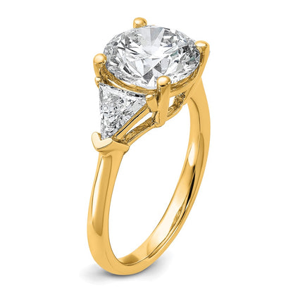 14K Yellow Gold 1 1/8 carat Lab Grown Diamond VS+ F+ Triangle 3 carat Round Semi Mount Three Stone Engagement Ring
