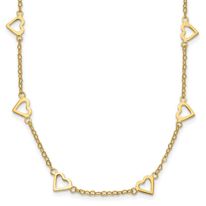 14K Yellow Gold Polished Open Hearts with Heart Link Chain 24 Inch Station Necklace