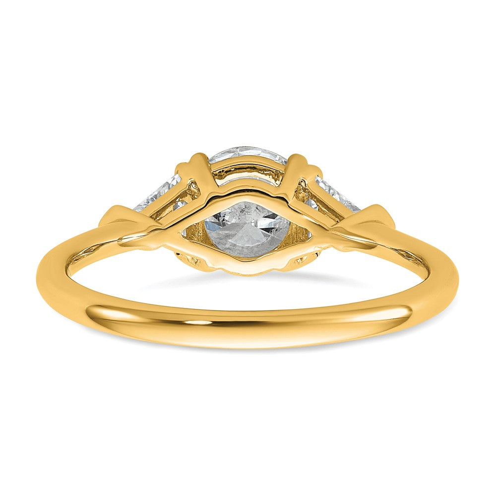14K Yellow Gold 1/2 carat Lab Grown Diamond VS+ F+ Triangle 1 carat Round Semi Mount Three Stone Engagement Ring