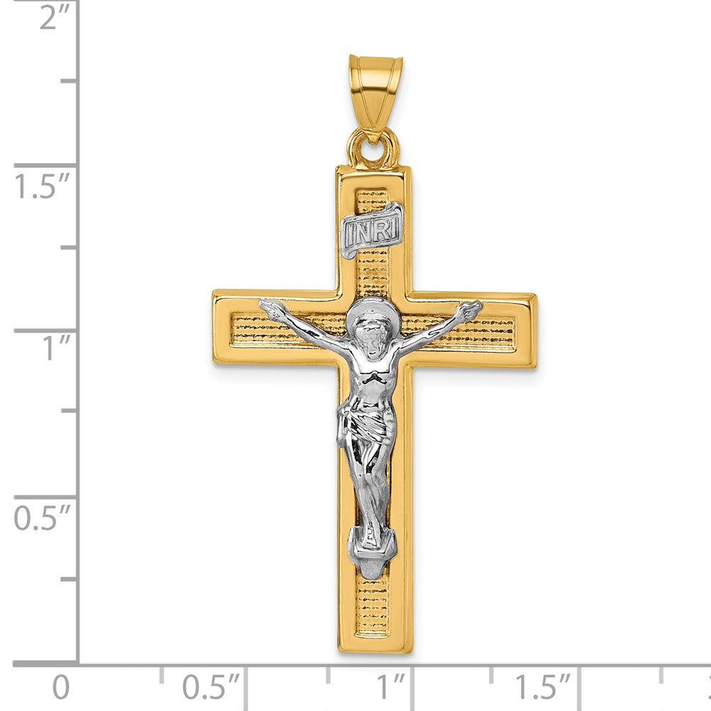14K Yellow Gold with Rhodium Polished INRI Crucifix Cross Pendant