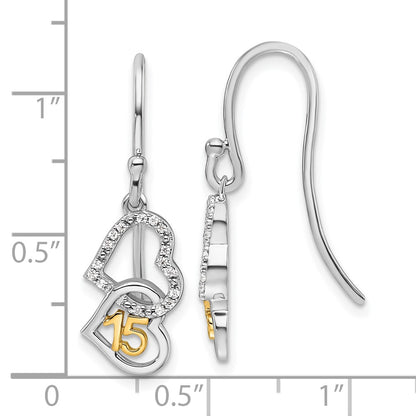14K Two-Tone Gold Two-tone 1/10 carat Diamond Quinceanera 15 Double Heart Dangle French Hook Earrings