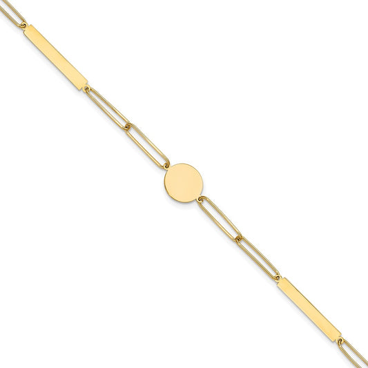 14K Yellow Gold Polished Paperclip Link with Circle and Bars 8.25 Inch Bracelet