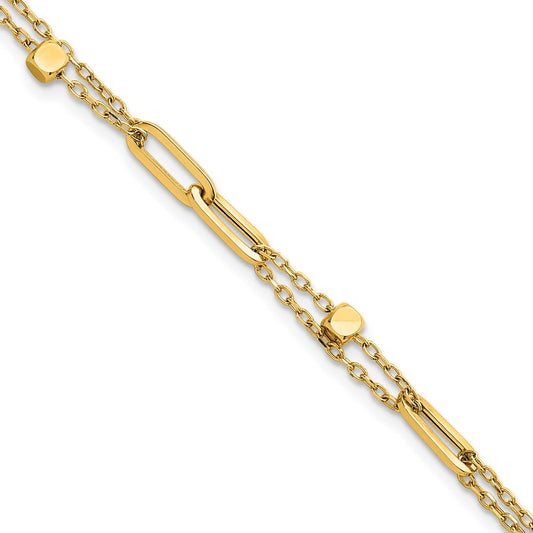 14K Yellow Gold Polished and Beaded 2-Strand with Fancy Paperclip Link 7.5 Inch Bracelet