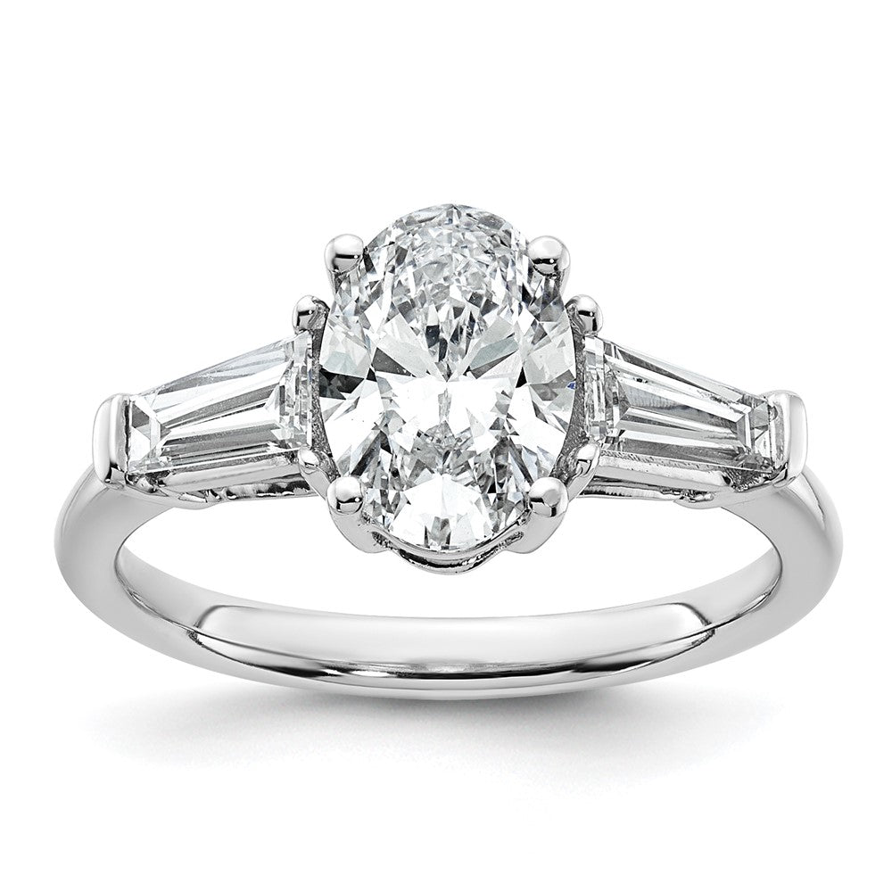 14K White Gold 2 1/5 carat Certified Lab Grown Diamond VS+ F+ Oval and Tapered Baguette Complete Three Stone Engagement Ring