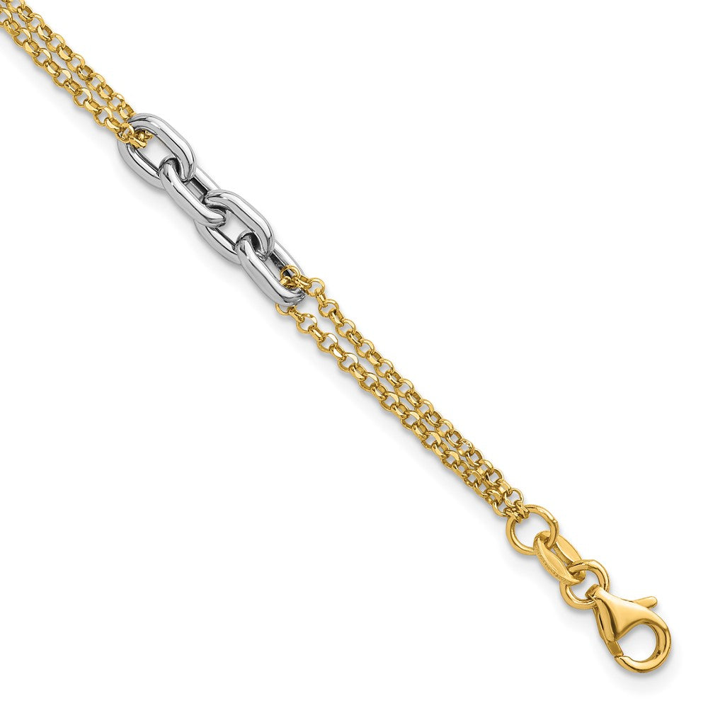 14K Two-Tone Gold Polished Fancy Oval Link and Double Strand Chain 7.25 Inch with 1 Inch extension Bracelet