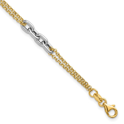 14K Two-Tone Gold Polished Fancy Oval Link and Double Strand Chain 7.25 Inch with 1 Inch extension Bracelet