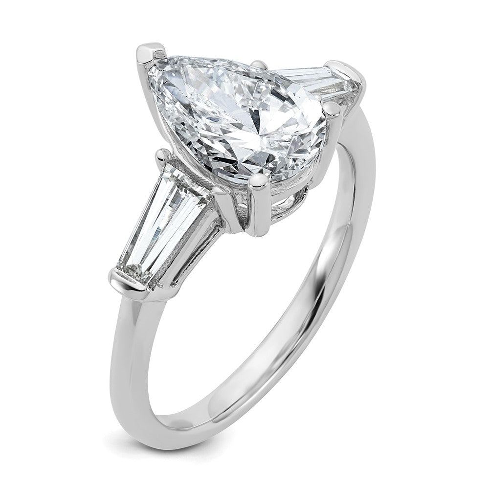 14K White Gold 2 5/8 carat Certified Lab Grown Diamond VS+ F+ Pear and Tapered Baguette Complete Engagement Ring