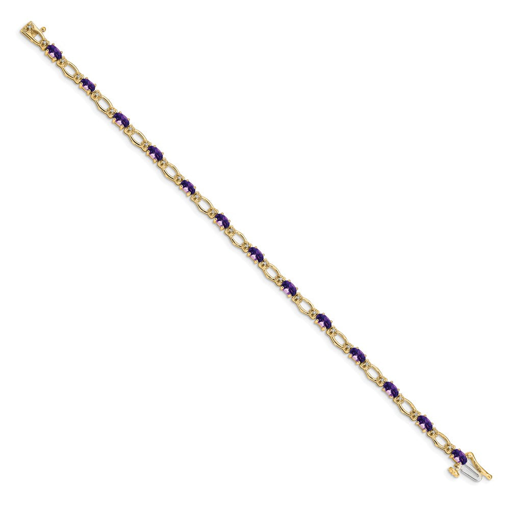 14K Yellow Gold Complete Diamond and Oval Amethyst Heart Accent 7 Inch Bracelet