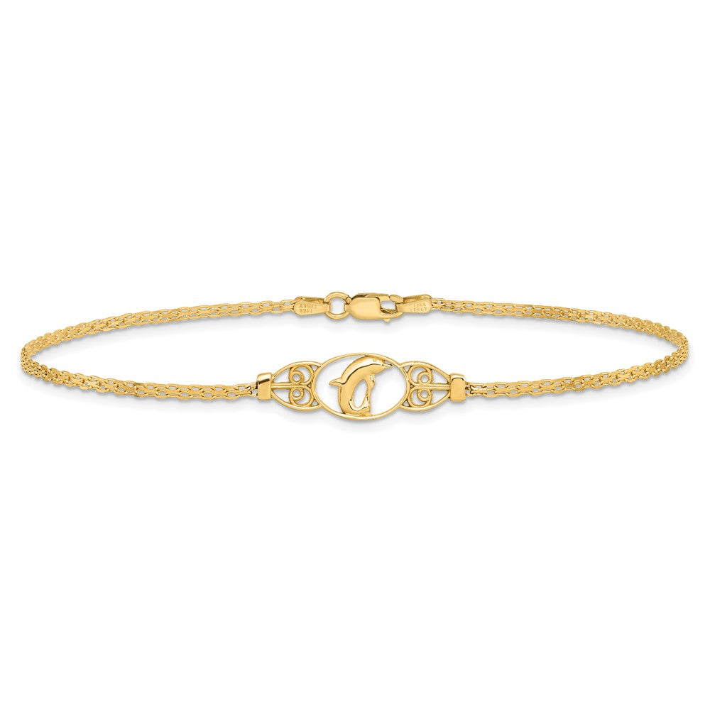 14K Yellow Gold Polished Dolphin and Filigree Bismark Chain 10 Inch Anklet