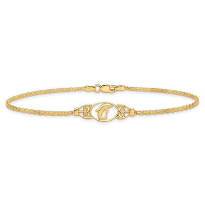 14K Yellow Gold Polished Dolphin and Filigree Bismark Chain 10 Inch Anklet
