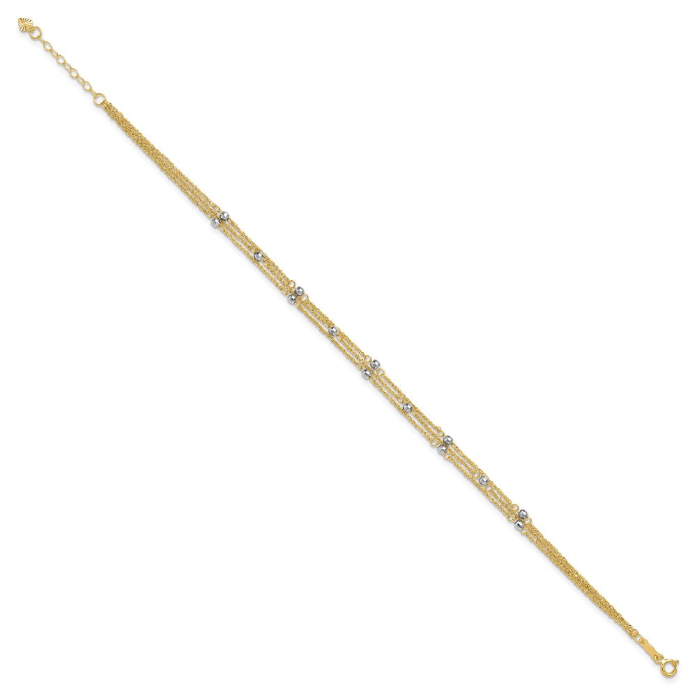 14K Two-Tone Gold Two-tone 3-Strand Chain with Mirror Beads 9 Inch Plus 1 Inch Extender - Total 10 Inch Anklet
