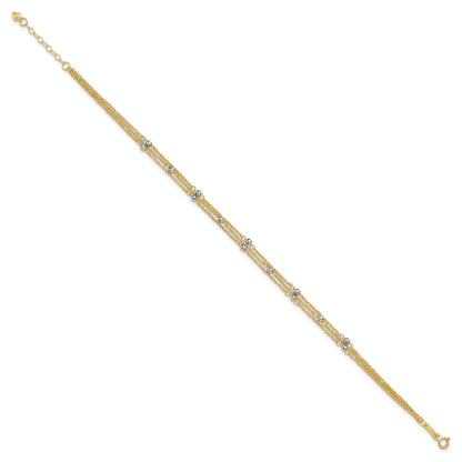 14K Two-Tone Gold Two-tone 3-Strand Chain with Mirror Beads 9 Inch Plus 1 Inch Extender - Total 10 Inch Anklet