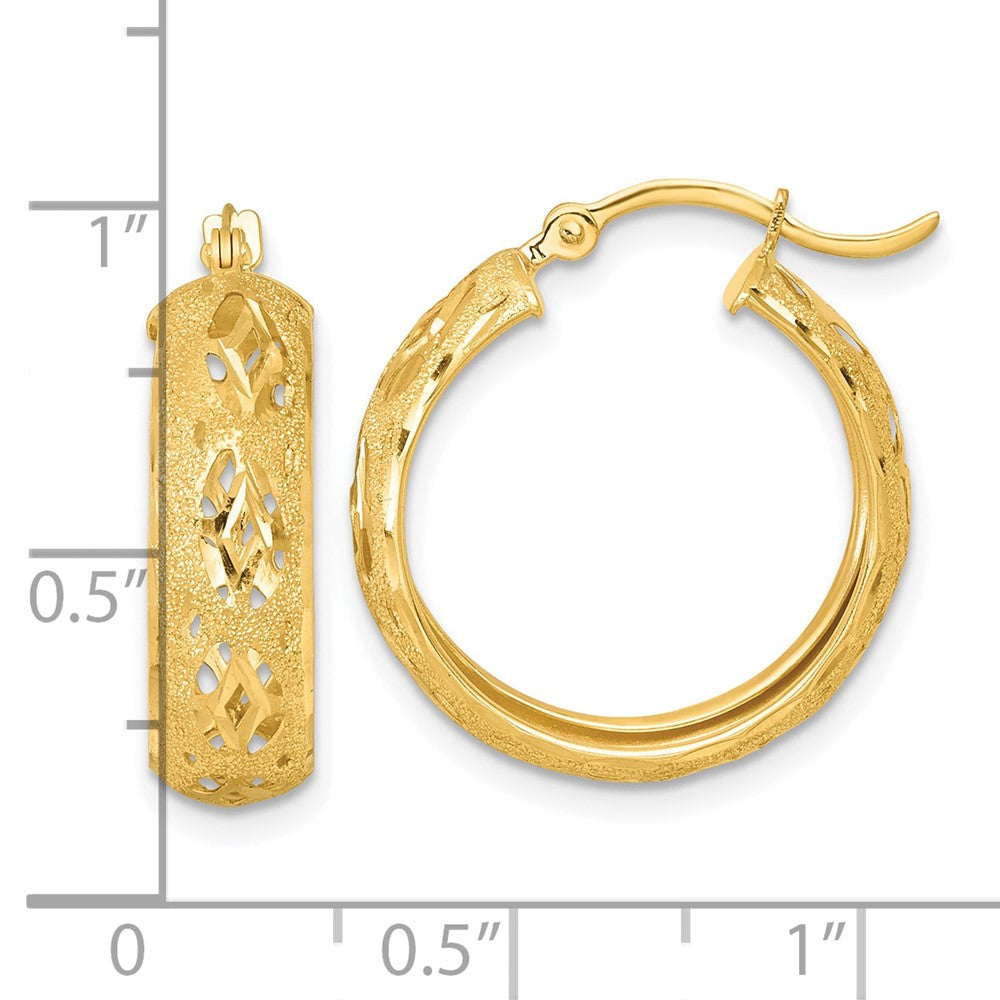 14K Yellow Gold Polished Laser and Diamond-cut 6.15x21mm Fancy Design Round Hoop Earrings