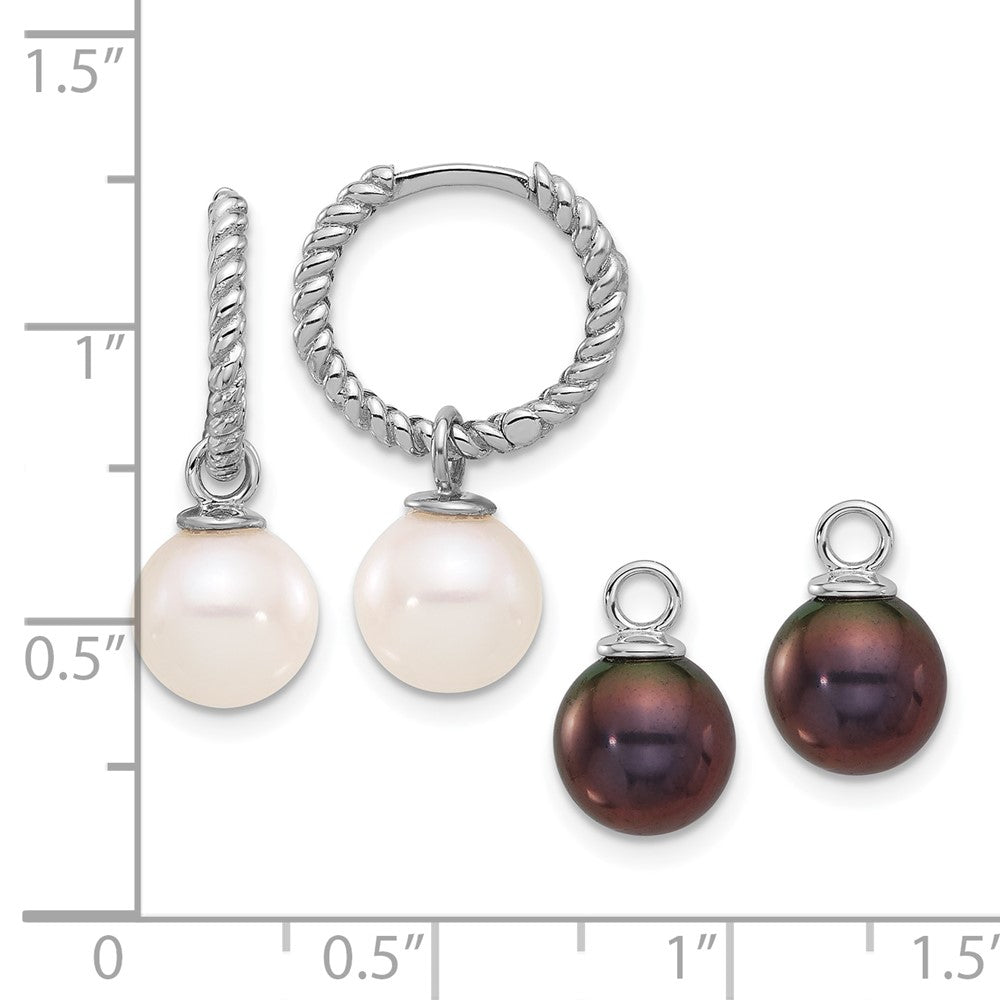 14K White Gold 7-8mm Black and White Freshwater Cultured Pearl Removable Dangle Hoop Earrings