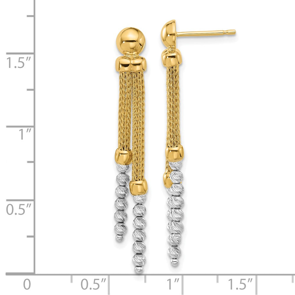 14K Two-Tone Gold Two-tone Polished and Diamond-cut Beads and Mesh Chain Dangle Post Earrings
