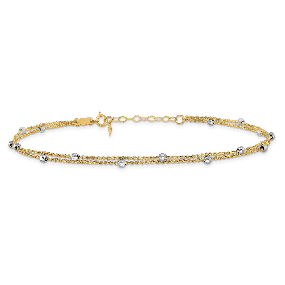 14K Two-Tone Gold Two-tone 2-Strand Chain with Mirror Beads 9 Inch Plus 1 Inch Extender - Total 10 Inch Anklet