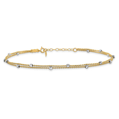 14K Two-Tone Gold Two-tone 2-Strand Chain with Mirror Beads 9 Inch Plus 1 Inch Extender - Total 10 Inch Anklet