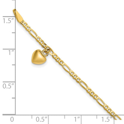 14K Yellow Gold Figaro Link Chain with Dangling Puffed Heart 9 Inch Anklet