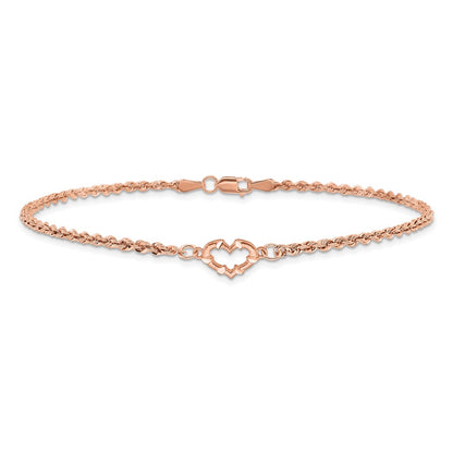 14K Rose Gold Diamond-cut Open Heart and Rope Chain 9 Inch Anklet