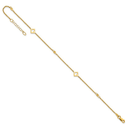 14K Yellow Gold Polished Cut-out Hearts and Diamond-cut Beads 9 Inch Plus 1 Inch Extender - Total 10 Inch Anklet