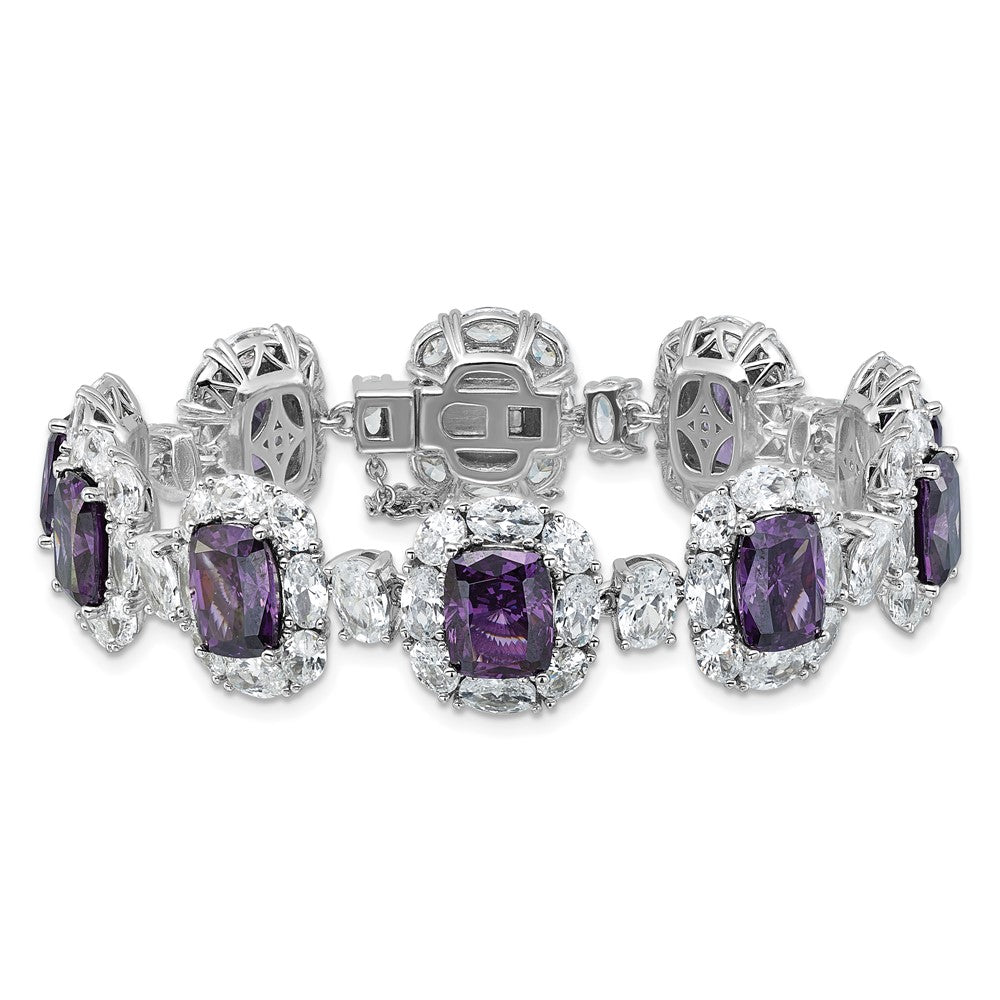 Cheryl M Sterling Silver Rhodium-plated Polished Fancy Purple and White CZ Halo Cluster with Safety Chain 7 Inch Bracelet
