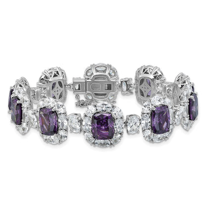 Cheryl M Sterling Silver Rhodium-plated Polished Fancy Purple and White CZ Halo Cluster with Safety Chain 7 Inch Bracelet