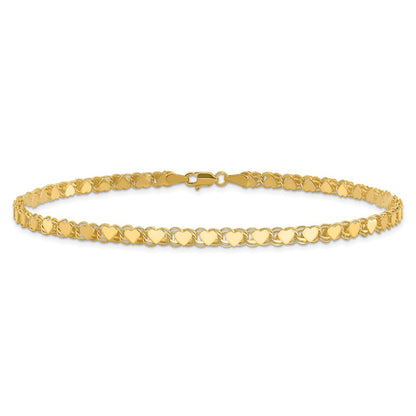 14K Yellow Gold Polished Double-Sided Hearts Double Link 9 Inch Anklet