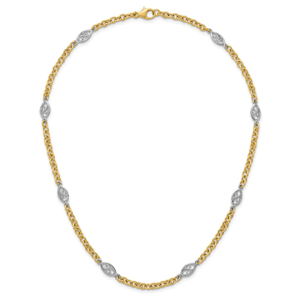 14K Two-Tone Gold Two-tone Polished 6.5mm Fancy Cable Chain and Filigree Oval 18 Inch Necklace