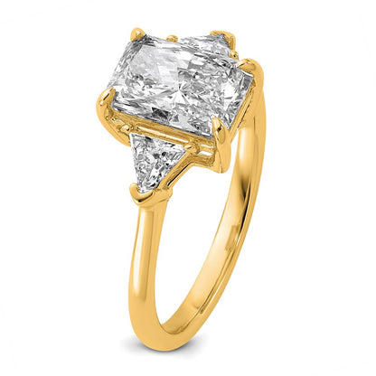 14K Yellow Gold 1/2 carat Lab Grown Diamond VS+ F+ Triangle 2 carat Radiant Center Semi Mount Three Stone Engagement Ring