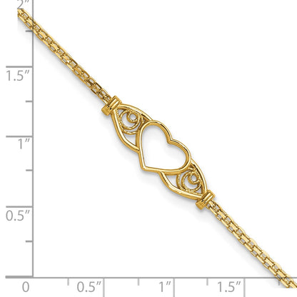 14K Yellow Gold Polished Open Heart with Filigree and Bismark Chain 9 Inch Anklet