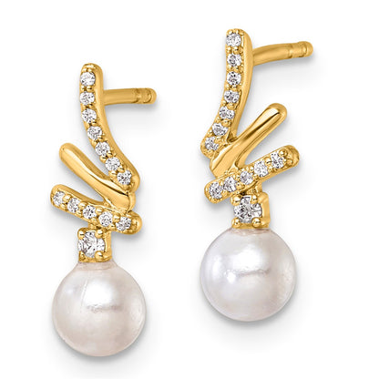 14K Yellow Gold Polished 1/10 carat Diamond and Freshwater Cultured Pearl Drop Post Earrings