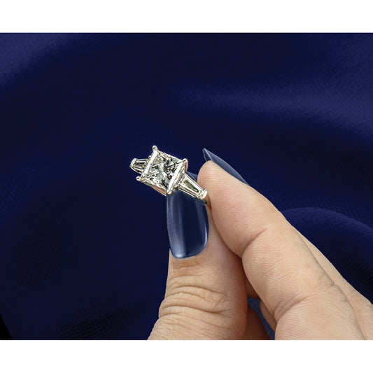 14K White Gold 2 5/8 carat Lab Grown Diamond VS+ F+ Princess and Tapered Baguette Complete Three Stone Engagement Ring