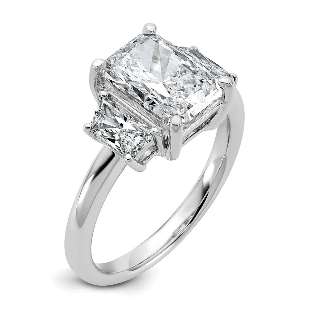 14K White Gold 3/4 carat Lab Grown Diamond VS+ F+ Trapezoid 2 1/2 carat Radiant Center Semi Mount Three Stone Engagement Ring