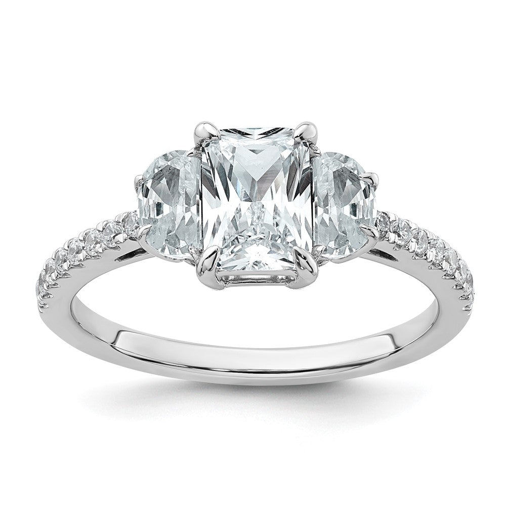 14K White Gold 3/4 carat Lab Grown Diamond VS+ F+Half Moon 1 carat Center Radiant Semi Mount Three Stone Engagement Ring