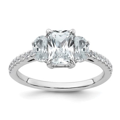 14K White Gold 3/4 carat Lab Grown Diamond VS+ F+Half Moon 1 carat Center Radiant Semi Mount Three Stone Engagement Ring