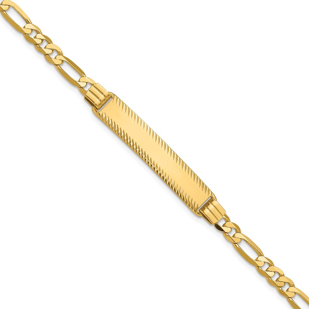 14K Yellow Gold Polished Solid Chain/Solid Plate Figaro Link Diamond-cut 32.5x6.5mm Plate 7 Inch ID Bracelet