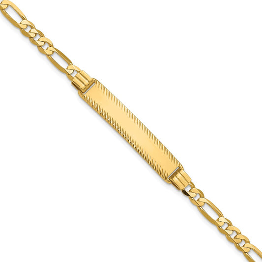 14K Yellow Gold Polished Solid Chain/Solid Plate Figaro Link Diamond-cut 32.5x6.5mm Plate 7 Inch ID Bracelet