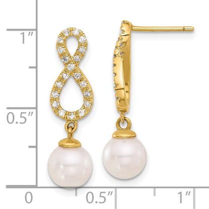 14K Yellow Gold 7-8mm Round Akoya Saltwater Cultured Pearl and .40 Carat Diamond Infinity Post Dangle Earrings