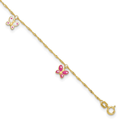 14K Yellow Gold Pink and Enameled Butterfly Dangles 9 Inch Plus 1 Inch Extender - Total 10 Inch Anklet