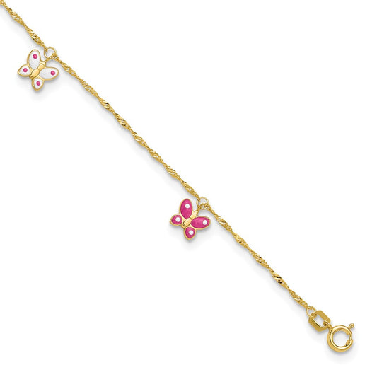 14K Yellow Gold Pink and Enameled Butterfly Dangles 9 Inch Plus 1 Inch Extender - Total 10 Inch Anklet