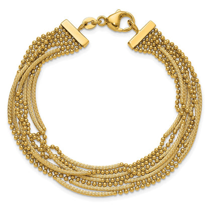 14K Yellow Gold Polished and Textured Multi Strand Beaded 7.25 Inch Bracelet