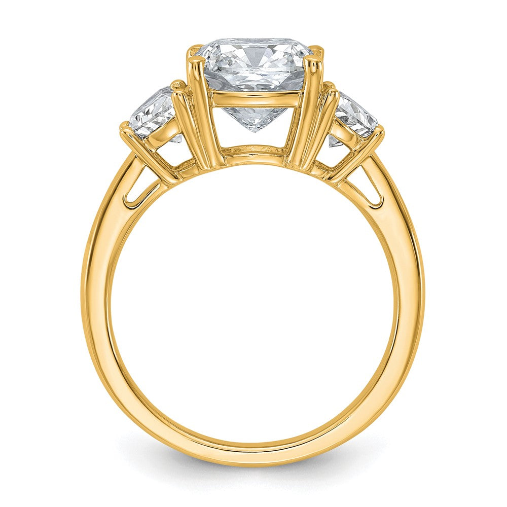 14K Yellow Gold 1 carat Lab Grown Diamond VS+ F+ Half Moon and 3 carat Cushion Center Semi Mount Three Stone Engagement Ring