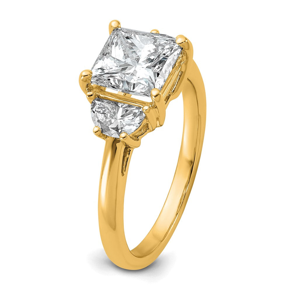 14K Yellow Gold 1/2 carat Lab Grown Diamond VS/SI+ G+ Half Moon 2 carat Princess Center Semi Mount Three Stone Engagement Ring