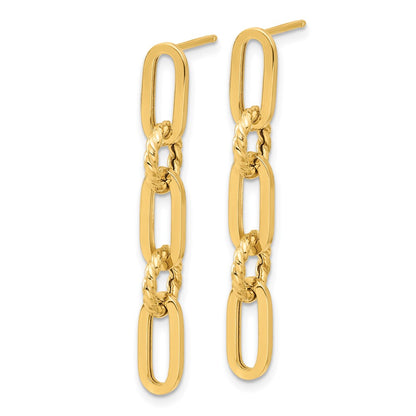 14K Yellow Gold Polished and Textured Chain Link Dangle Post Earrings