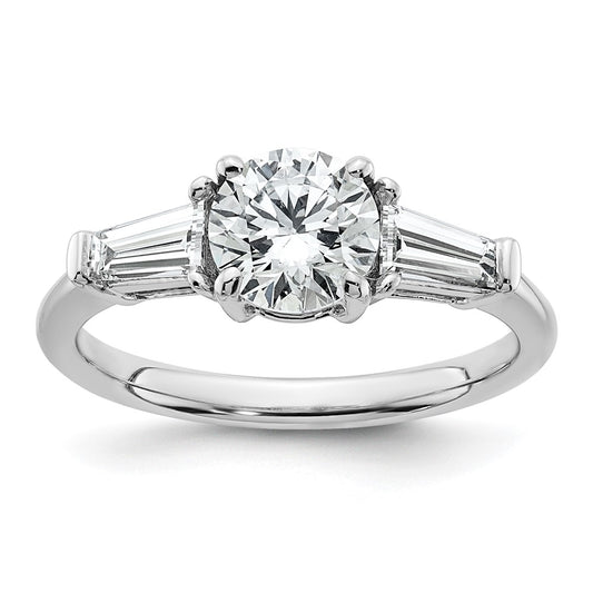 14K White Gold 1/2 carat Lab Grown Diamond VS+ F+ Tapered Baguette with 1 carat Round Center Semi Mount Three Stone Engagement Ring