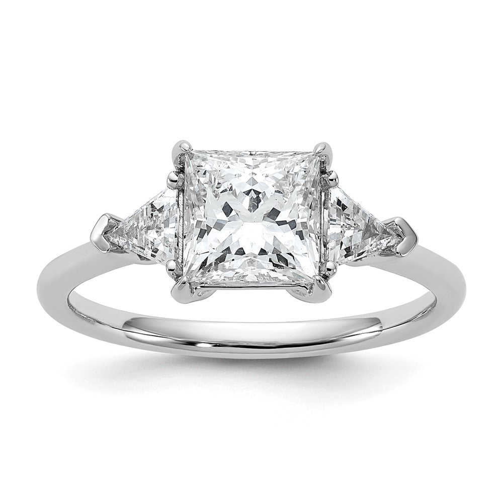 14K White Gold 1/2 carat Lab Grown Diamond VS+ F+ Trillion and 1 1/2 carat Princess Center Semi Mount Three Stone Engagement Ring