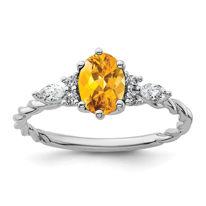 14K White Gold Diamond and 7x5 Oval November/Citrine Size 7 Twisted Ring